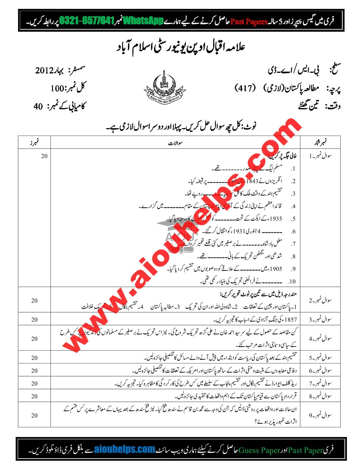 Pakistan Studies Code No. 417 Spring 2012 AIOU Past Paper