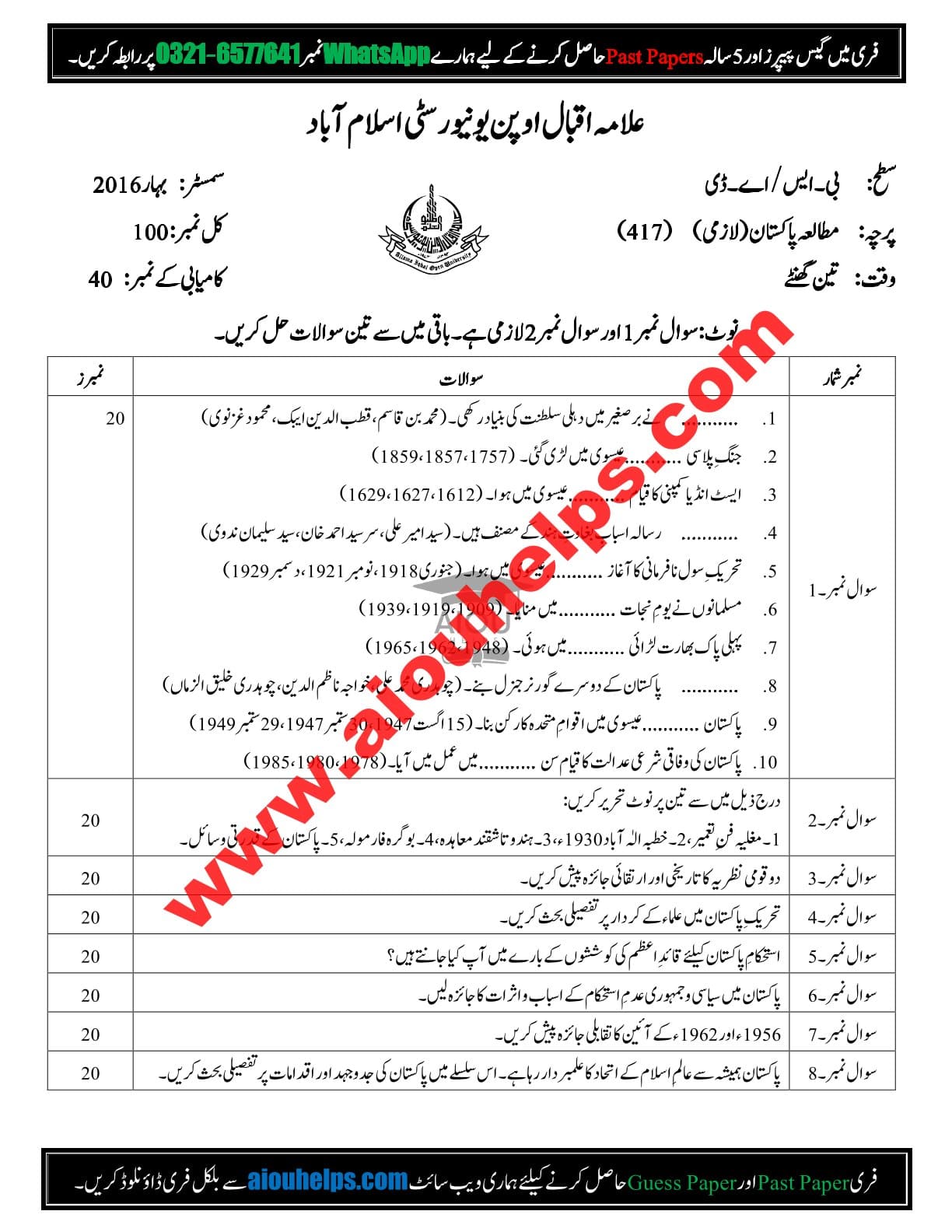 Pakistan Studies Code 417 Spring 2016 AIOU Past Paper