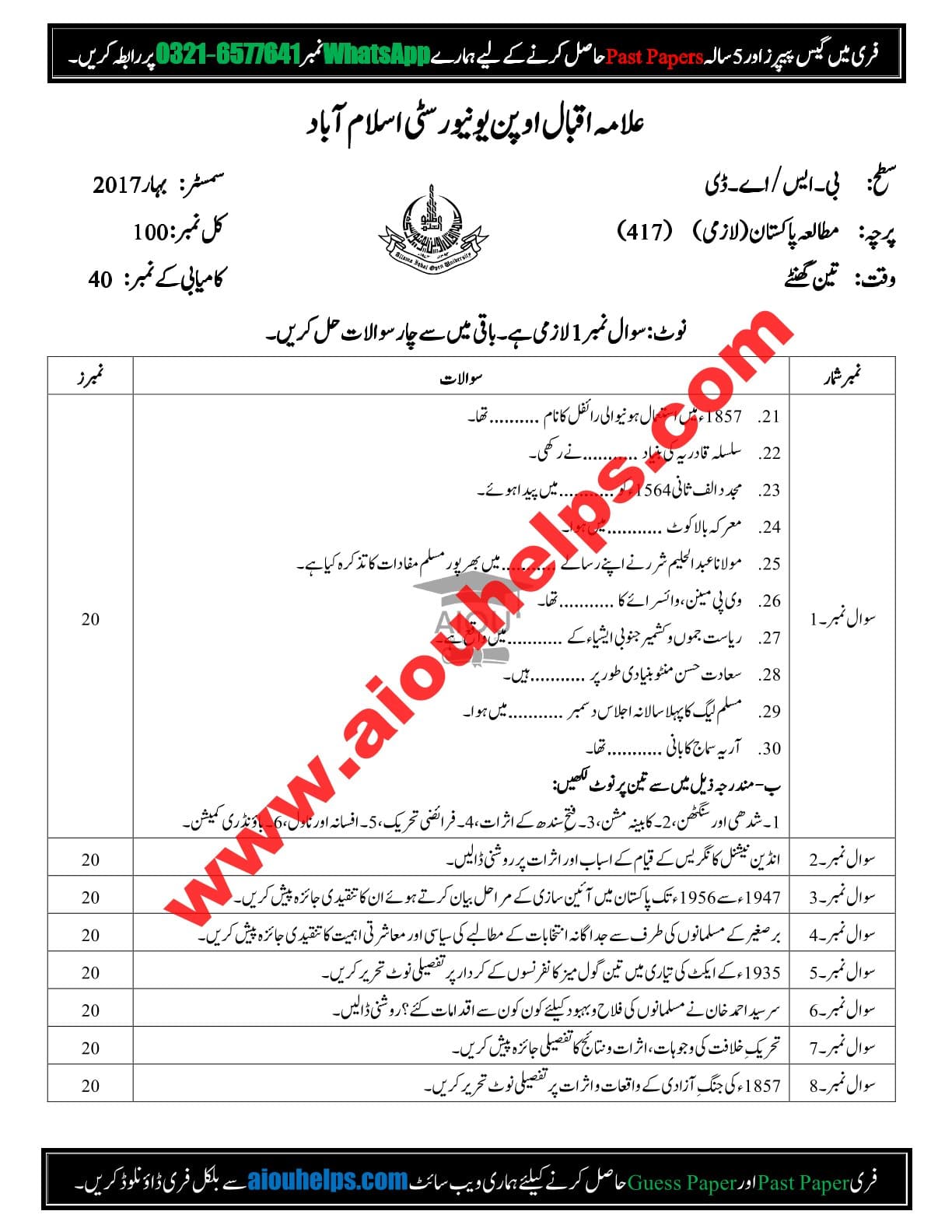 Pakistan Studies Code 417 Spring 2016 AIOU Past Paper
